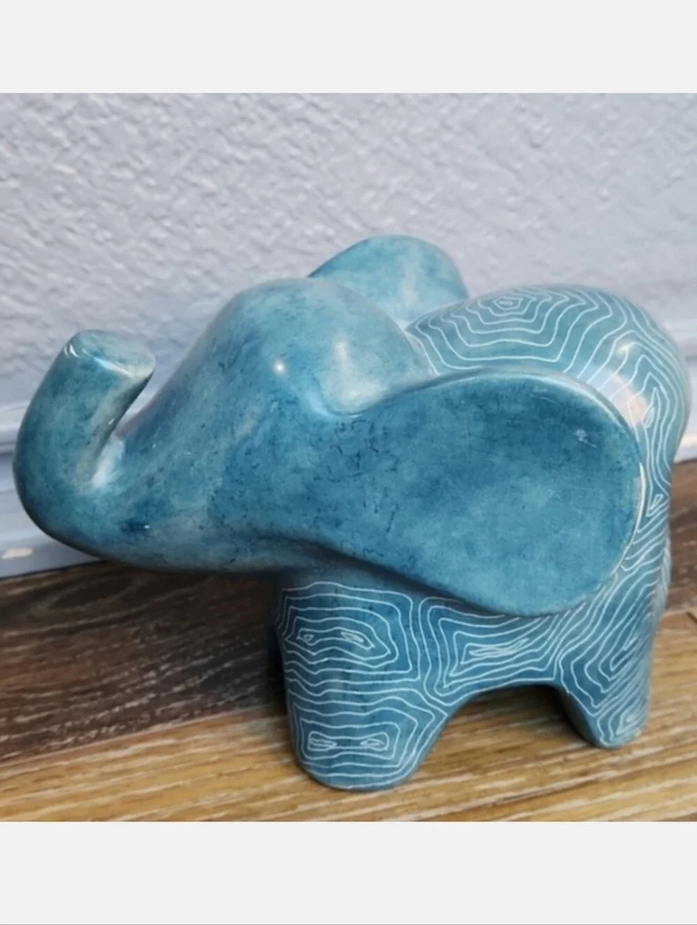 Afrikiko Soapstone Elephant Teal Blue Green White Abstract Circles